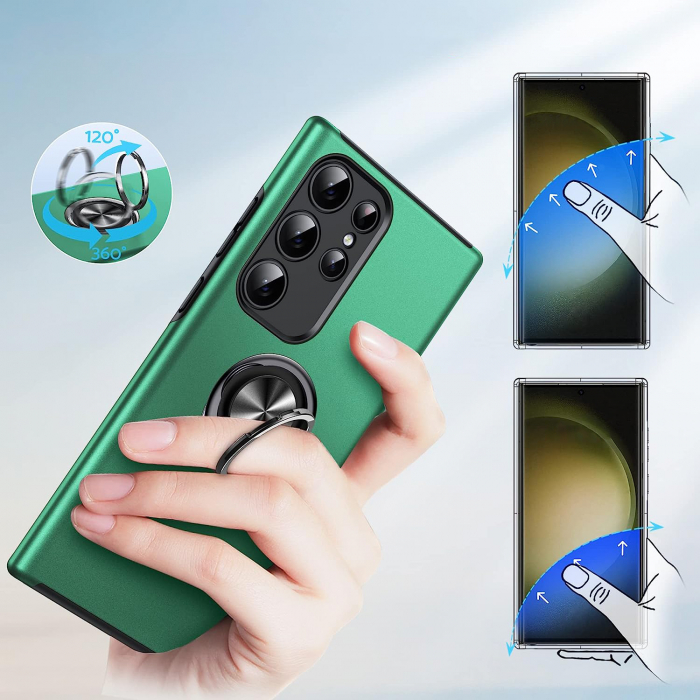 Husă pentru Samsung Galaxy S23 ULTRA, inel multifuncțional 360°, Protecție Militară Antișoc, Verde [6]