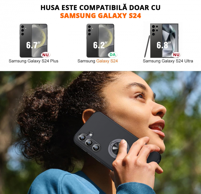 Husă pentru Samsung Galaxy S24, inel multifuncțional 360°, Protecție Militară Antișoc, Negru [2]