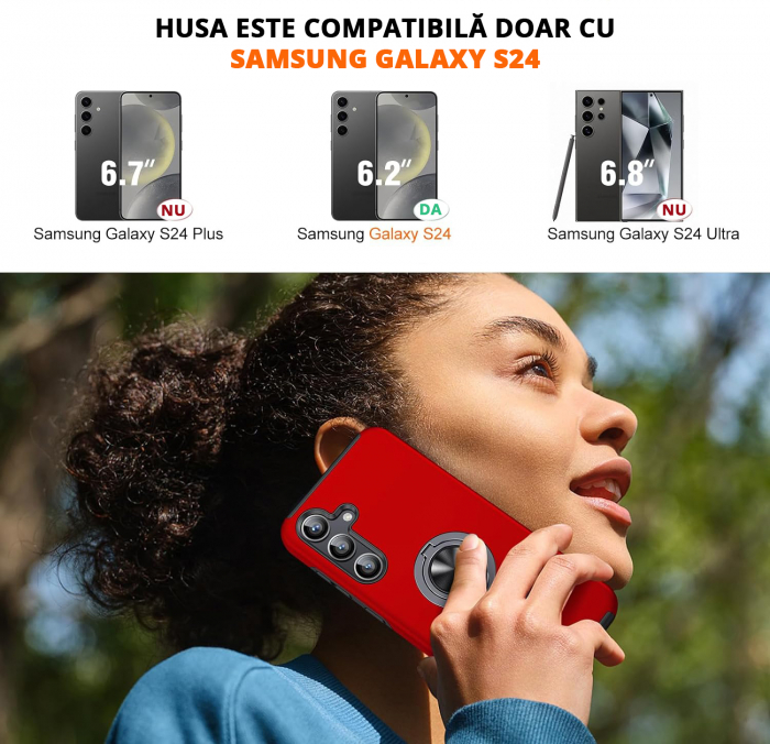 Husă pentru Samsung Galaxy S24, inel multifuncțional 360°, Protecție Militară Antișoc, Roșu [2]