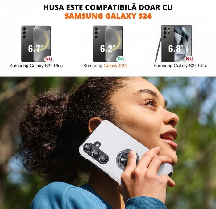 Husă pentru Samsung Galaxy S24, inel multifuncțional 360°, Protecție Militară Antișoc, Silver [2]