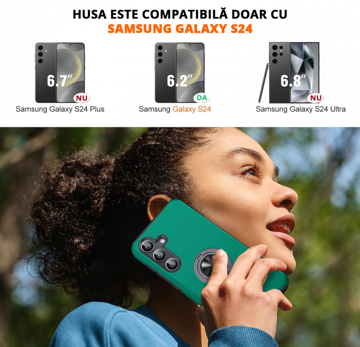 Husă pentru Samsung Galaxy S24, inel multifuncțional 360°, Protecție Militară Antișoc, Verde [2]