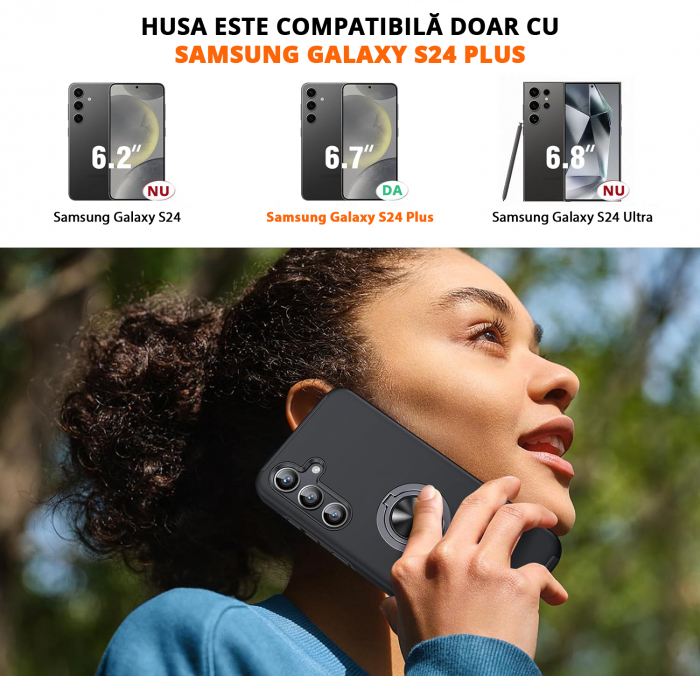 Husă pentru Samsung Galaxy S24 PLUS, inel multifuncțional 360°, Protecție Militară Antișoc, Negru [2]