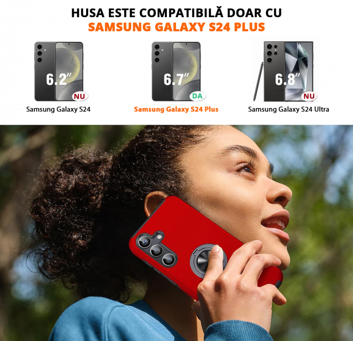 Husă pentru Samsung Galaxy S24 PLUS, inel multifuncțional 360°, Protecție Militară Antișoc, Roșu [2]