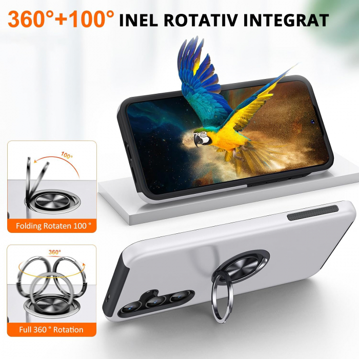 Husă pentru Samsung Galaxy S24 PLUS, inel multifuncțional 360°, Protecție Militară Antișoc, Silver [6]