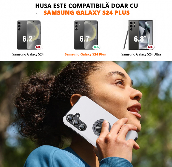 Husă pentru Samsung Galaxy S24 PLUS, inel multifuncțional 360°, Protecție Militară Antișoc, Silver [2]