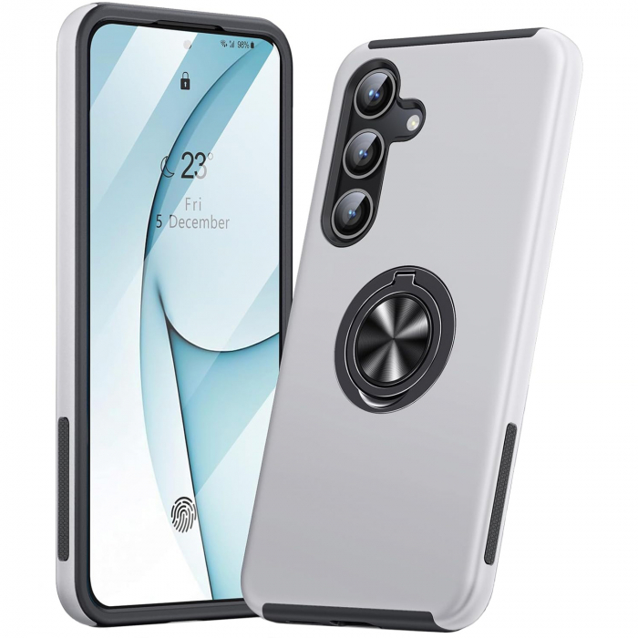 Husă pentru Samsung Galaxy S24 PLUS, inel multifuncțional 360°, Protecție Militară Antișoc, Silver [1]