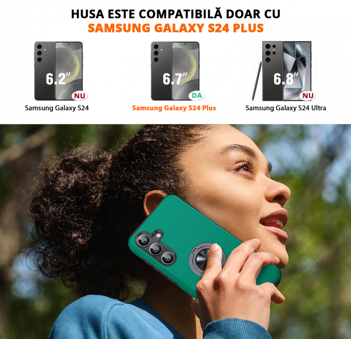 Husă pentru Samsung Galaxy S24 PLUS, inel multifuncțional 360°, Protecție Militară Antișoc, Verde [2]