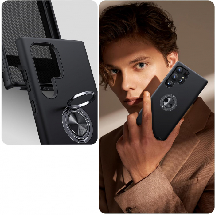Husă pentru Samsung Galaxy S24 ULTRA, inel multifuncțional 360°, Protecție Militară Antișoc, Negru [3]