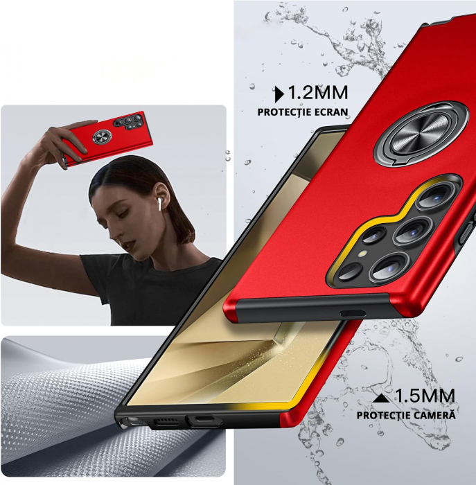 Husă pentru Samsung Galaxy S24 ULTRA, inel multifuncțional 360°, Protecție Militară Antișoc, Roșu [4]
