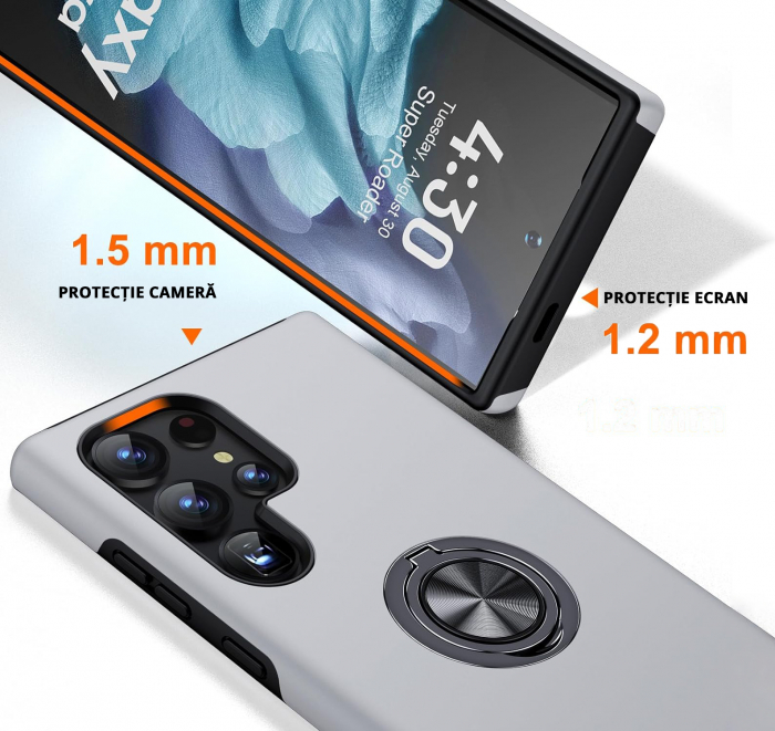 Husă pentru Samsung Galaxy S24 ULTRA, inel multifuncțional 360°, Protecție Militară Antișoc, Silver [4]