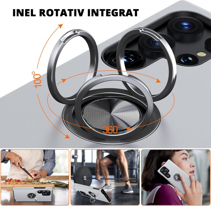 Husă pentru Samsung Galaxy S24 ULTRA, inel multifuncțional 360°, Protecție Militară Antișoc, Silver [7]
