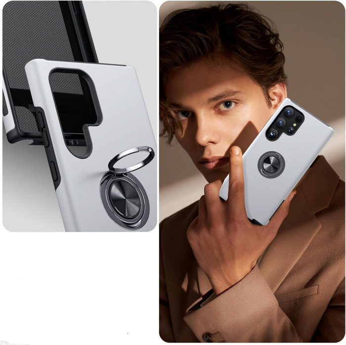 Husă pentru Samsung Galaxy S24 ULTRA, inel multifuncțional 360°, Protecție Militară Antișoc, Silver [3]