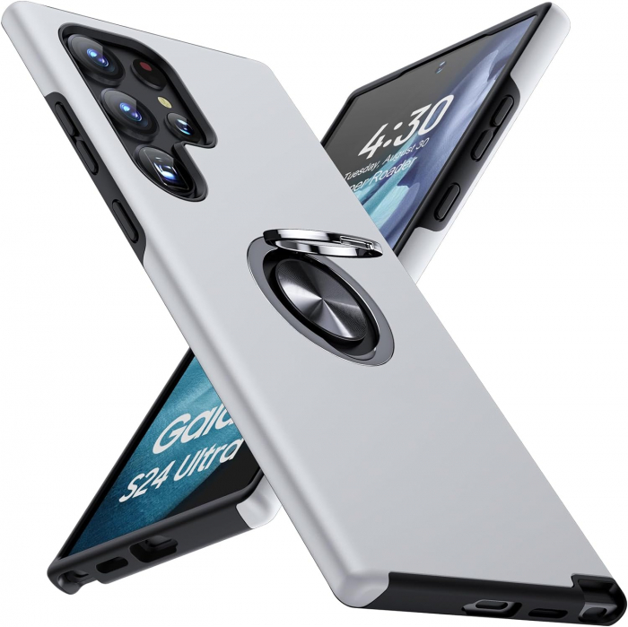 Husă pentru Samsung Galaxy S24 ULTRA, inel multifuncțional 360°, Protecție Militară Antișoc, Silver [1]
