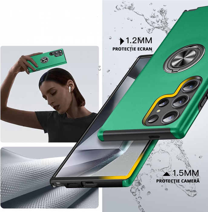 Husă pentru Samsung Galaxy S24 ULTRA, inel multifuncțional 360°, Protecție Militară Antișoc, Verde [4]