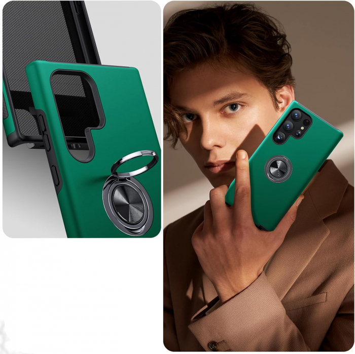 Husă pentru Samsung Galaxy S24 ULTRA, inel multifuncțional 360°, Protecție Militară Antișoc, Verde [3]