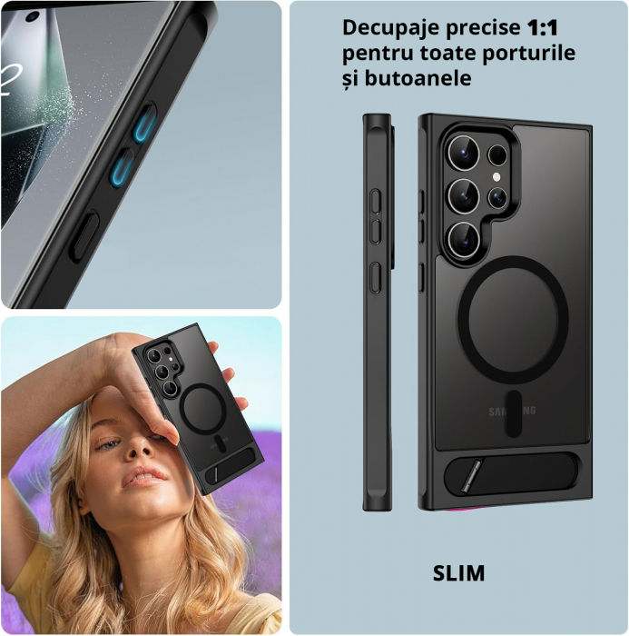 Husă pentru Samsung Galaxy S24 ULTRA, MagSafe, Protecție standard Militar, cu Suport Metalic Încorporat, Negru [6]