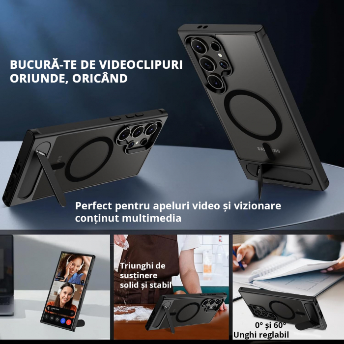 Husă pentru Samsung Galaxy S24 ULTRA, MagSafe, Protecție standard Militar, cu Suport Metalic Încorporat, Negru [5]