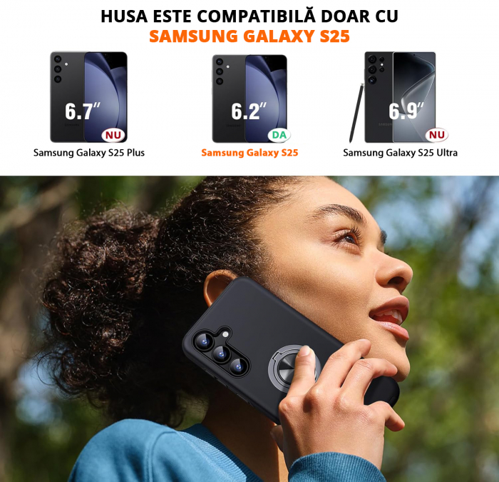 Husă pentru Samsung Galaxy S25, inel multifuncțional 360°, Protecție Militară Antișoc, Negru [2]