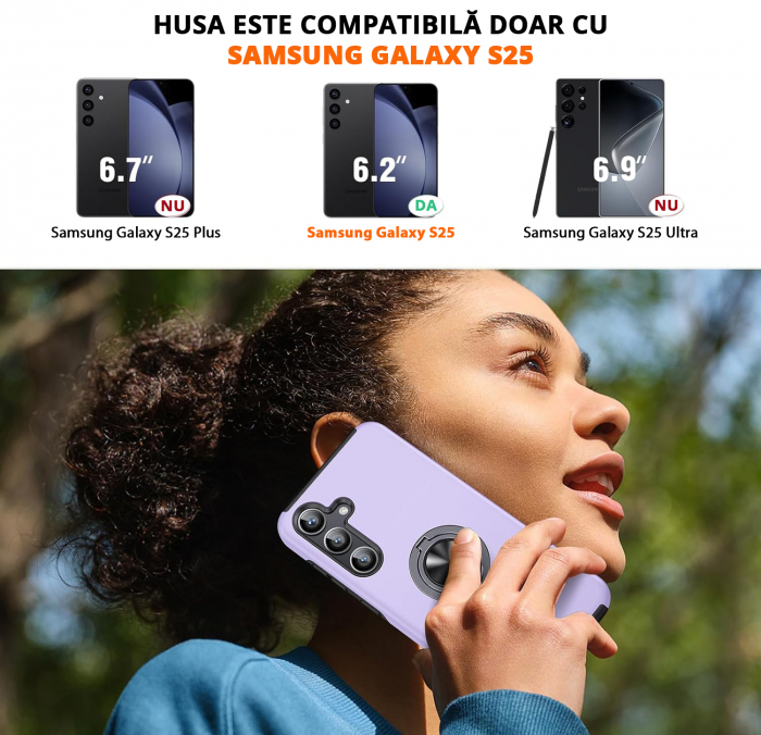 Husă pentru Samsung Galaxy S25, inel multifuncțional 360°, Protecție Militară Antișoc, Purple [2]