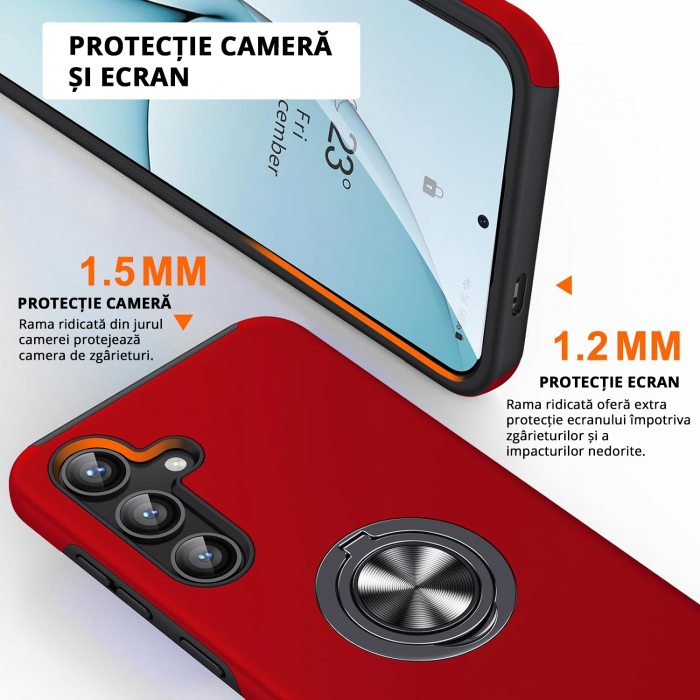 Husă pentru Samsung Galaxy S25, inel multifuncțional 360°, Protecție Militară Antișoc, Roșu [3]
