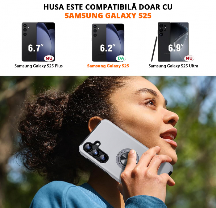 Husă pentru Samsung Galaxy S25, inel multifuncțional 360°, Protecție Militară Antișoc, Silver [2]