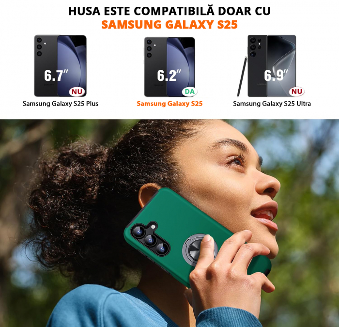 Husă pentru Samsung Galaxy S25, inel multifuncțional 360°, Protecție Militară Antișoc, Verde [2]