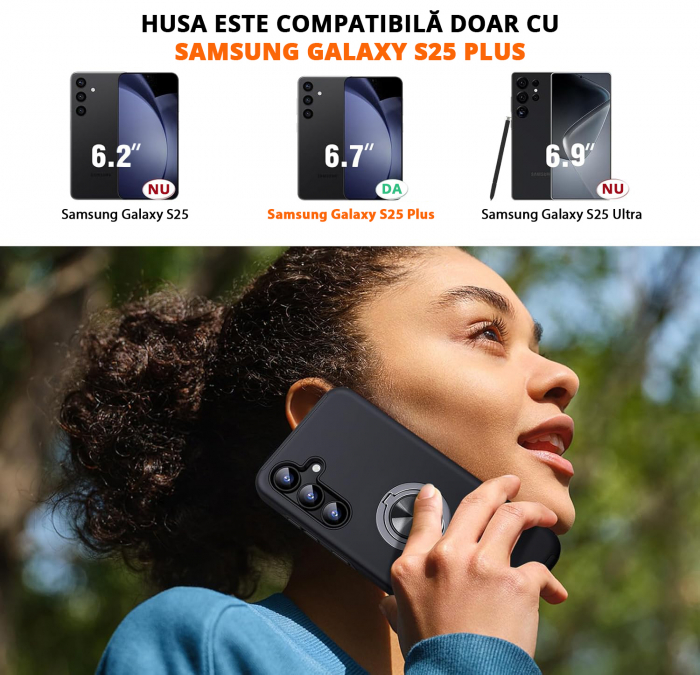 Husă pentru Samsung Galaxy S25 PLUS, inel multifuncțional 360°, Protecție Militară Antișoc, Negru [2]