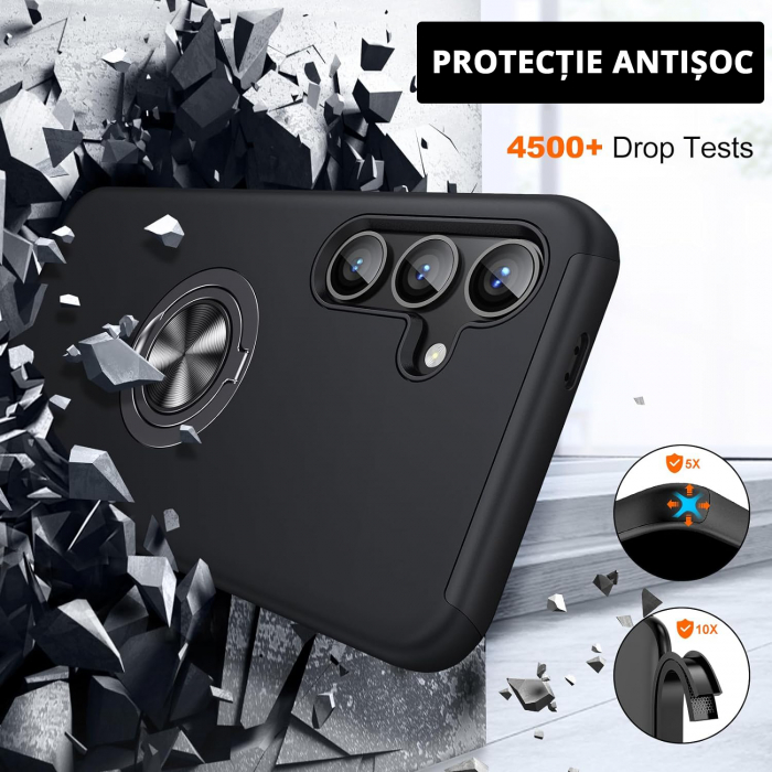 Husă pentru Samsung Galaxy S25 PLUS, inel multifuncțional 360°, Protecție Militară Antișoc, Negru [4]