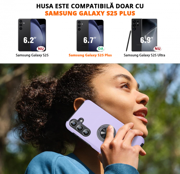 Husă pentru Samsung Galaxy S25 PLUS, inel multifuncțional 360°, Protecție Militară Antișoc, Purple [2]