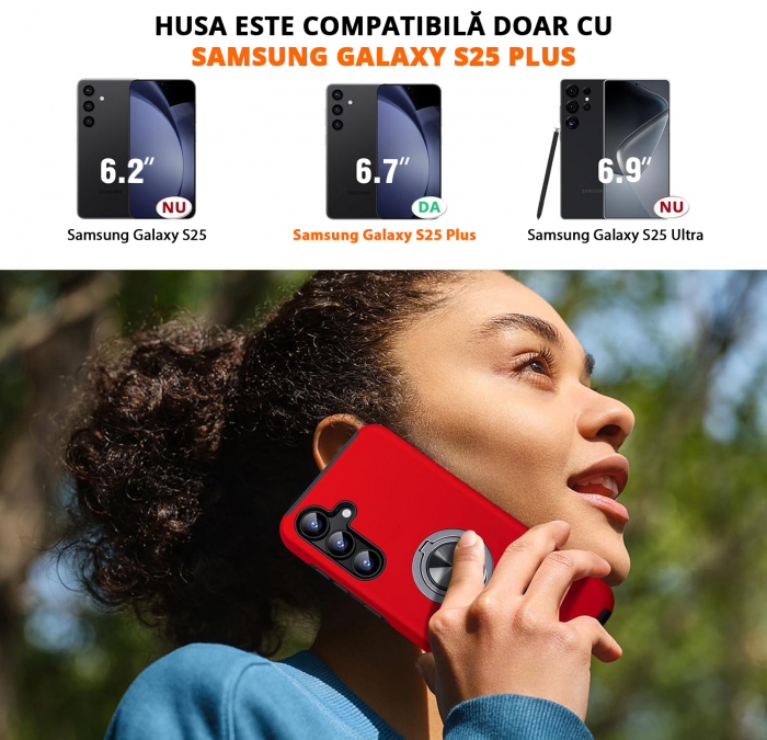 Husă pentru Samsung Galaxy S25 PLUS, inel multifuncțional 360°, Protecție Militară Antișoc, Roșu [2]