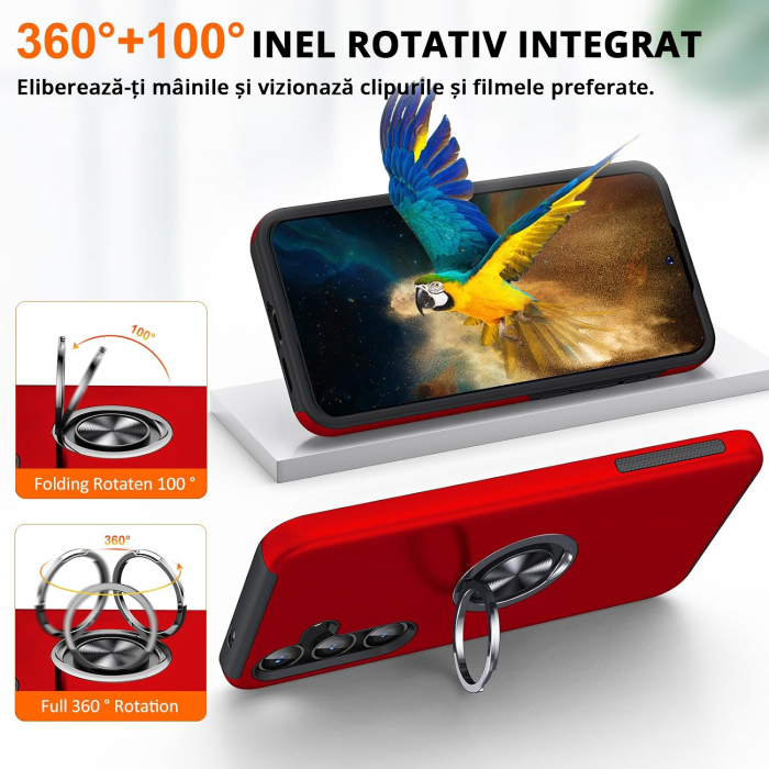 Husă pentru Samsung Galaxy S25 PLUS, inel multifuncțional 360°, Protecție Militară Antișoc, Roșu [5]