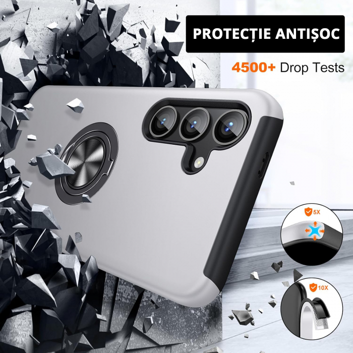 Husă pentru Samsung Galaxy S25 PLUS, inel multifuncțional 360°, Protecție Militară Antișoc, Silver [4]