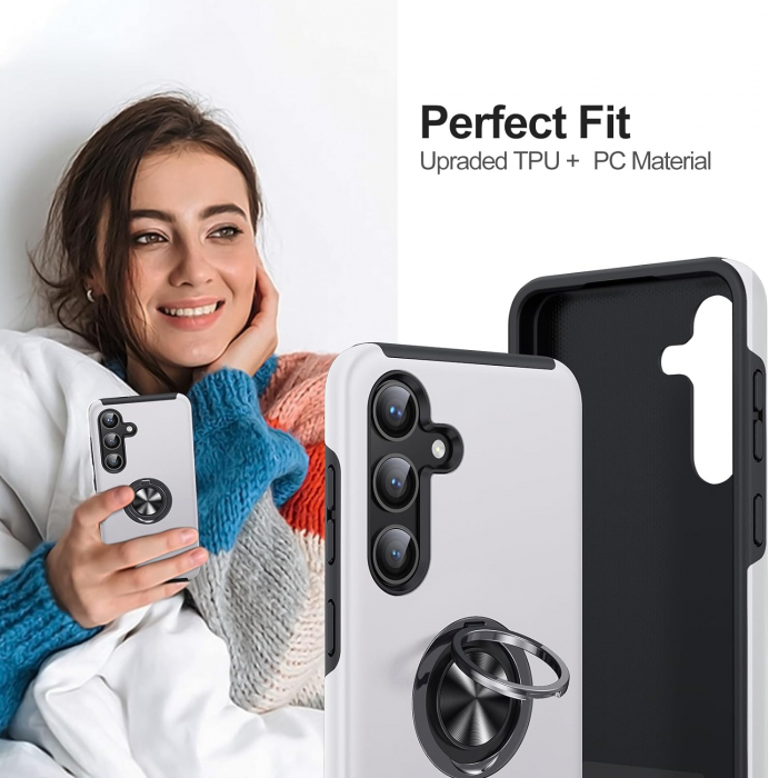 Husă pentru Samsung Galaxy S25 PLUS, inel multifuncțional 360°, Protecție Militară Antișoc, Silver [7]