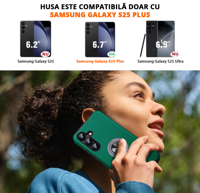 Husă pentru Samsung Galaxy S25 PLUS, inel multifuncțional 360°, Protecție Militară Antișoc, Verde [2]
