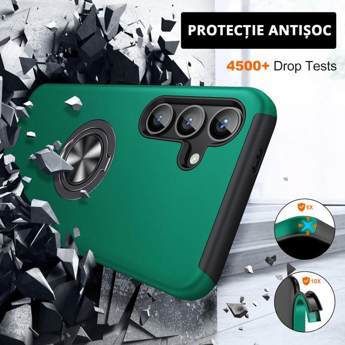 Husă pentru Samsung Galaxy S25 PLUS, inel multifuncțional 360°, Protecție Militară Antișoc, Verde [4]