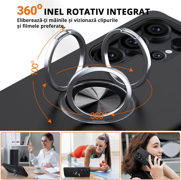 Husă pentru Samsung Galaxy S25 ULTRA, inel multifuncțional 360°, Protecție Militară Antișoc, Negru [5]