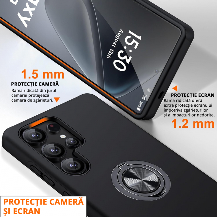 Husă pentru Samsung Galaxy S25 ULTRA, inel multifuncțional 360°, Protecție Militară Antișoc, Negru [3]