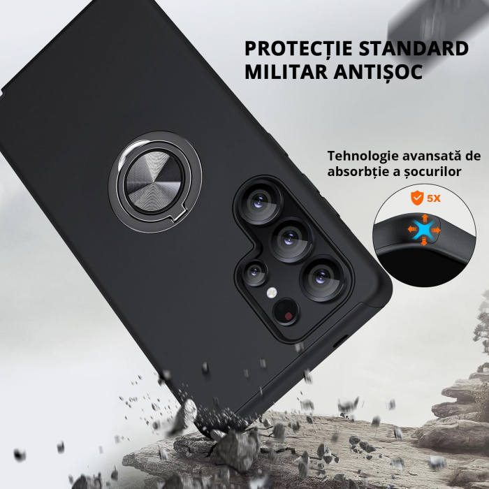Husă pentru Samsung Galaxy S25 ULTRA, inel multifuncțional 360°, Protecție Militară Antișoc, Negru [4]