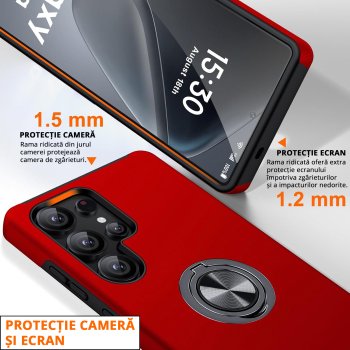 Husă pentru Samsung Galaxy S25 ULTRA, inel multifuncțional 360°, Protecție Militară Antișoc, Roșu [3]