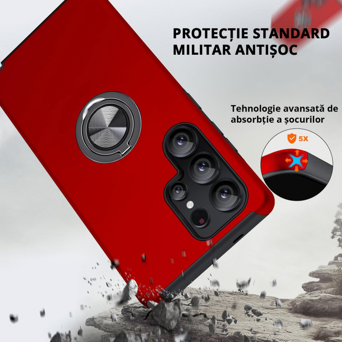 Husă pentru Samsung Galaxy S25 ULTRA, inel multifuncțional 360°, Protecție Militară Antișoc, Roșu [4]