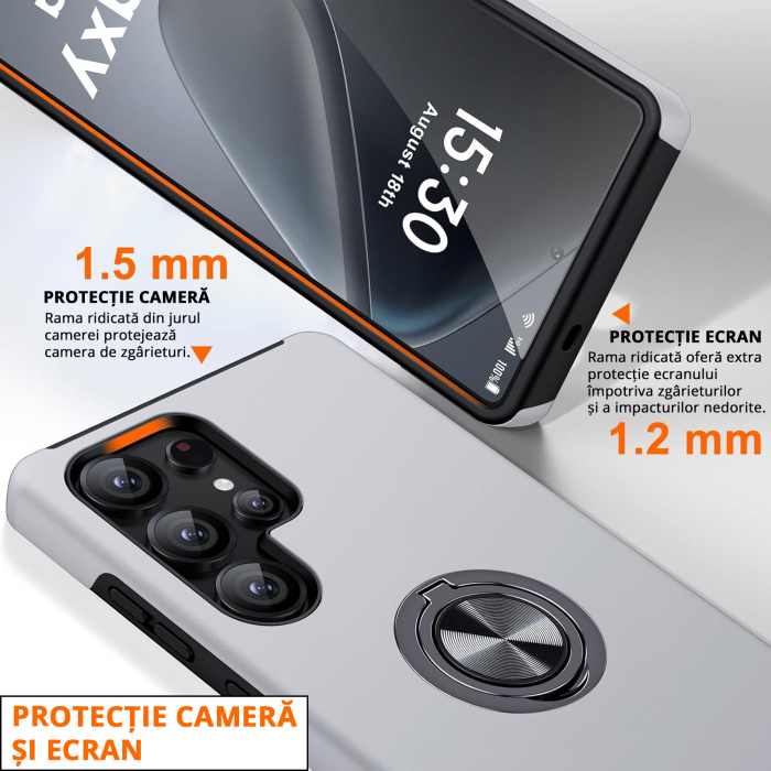 Husă pentru Samsung Galaxy S25 ULTRA, inel multifuncțional 360°, Protecție Militară Antișoc, Silver [3]