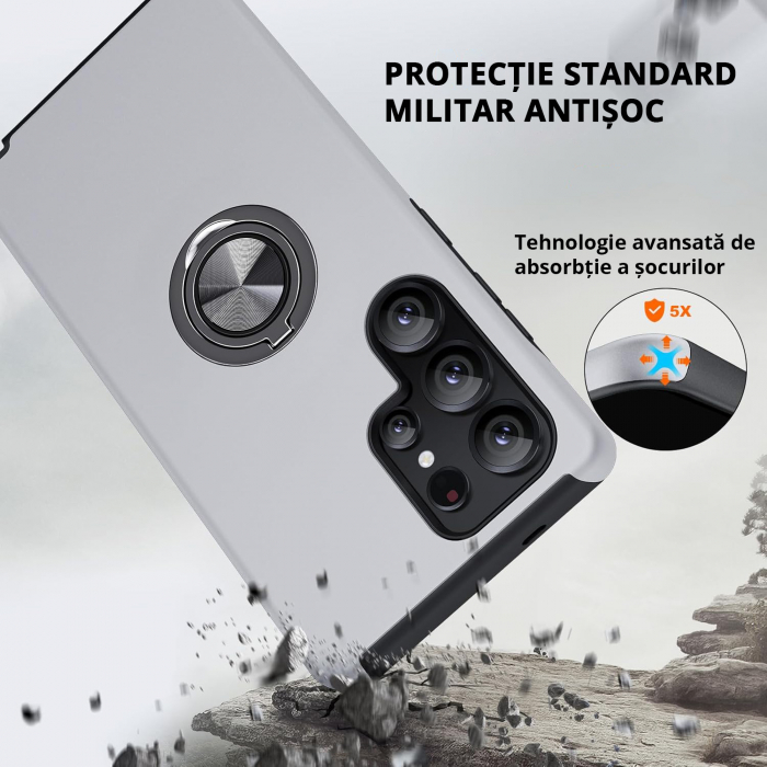 Husă pentru Samsung Galaxy S25 ULTRA, inel multifuncțional 360°, Protecție Militară Antișoc, Silver [4]