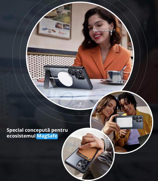 Husă pentru Samsung Galaxy S25 ULTRA, MagSafe, Protecție standard Militar, cu Suport Metalic Încorporat, Negru [10]