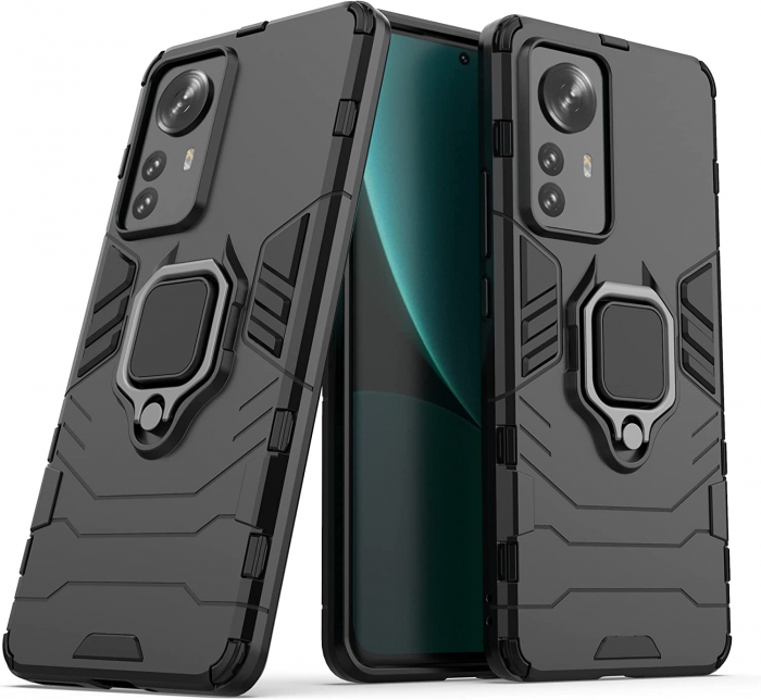 Husa pentru Xiaomi 12 PRO, Hybrid Antisoc, carcasa cu inel rotativ 360 si Kickstand, Negru [2]