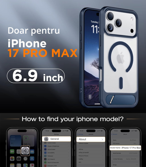 Husă premium pentru iPhone 17 PRO MAX, MobileSmart, MagSafe, suport ascuns și protecție militară antișoc cu margini ridicate, Blue [2]