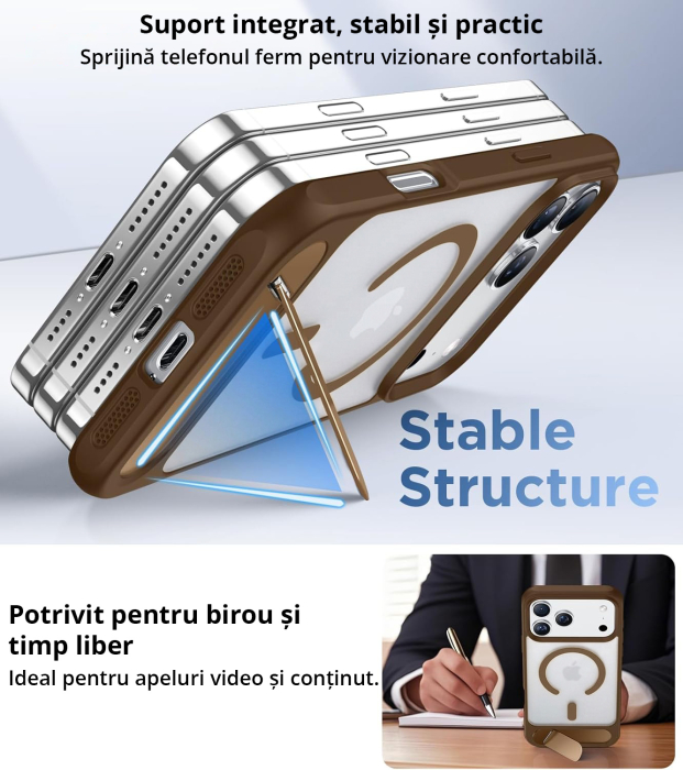 Husă premium pentru iPhone 17 PRO MAX, MobileSmart, MagSafe, suport ascuns și protecție militară antișoc cu margini ridicate, Maro Mocha [5]