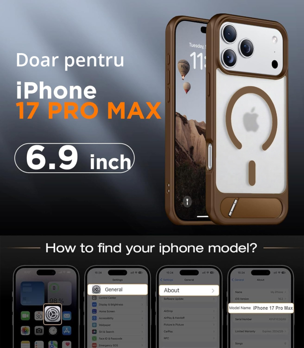Husă premium pentru iPhone 17 PRO MAX, MobileSmart, MagSafe, suport ascuns și protecție militară antișoc cu margini ridicate, Maro Mocha [2]