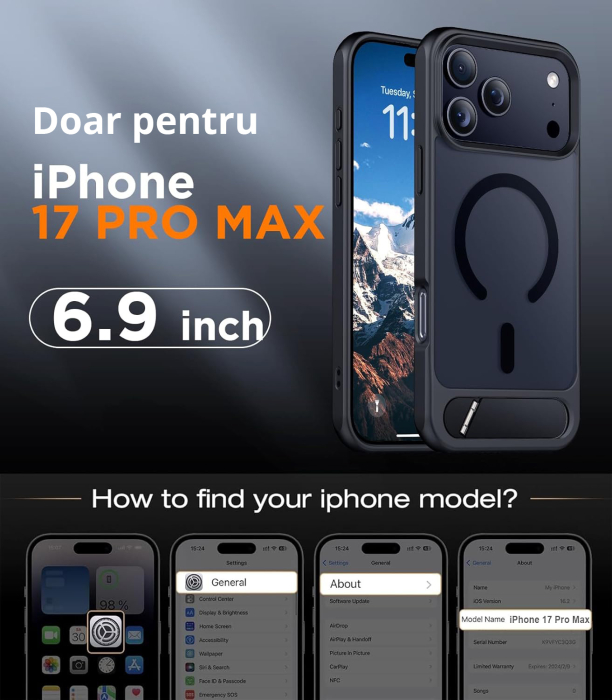 Husă premium pentru iPhone 17 PRO MAX, MobileSmart, MagSafe, suport ascuns și protecție militară antișoc cu margini ridicate, Negru Mat [2]