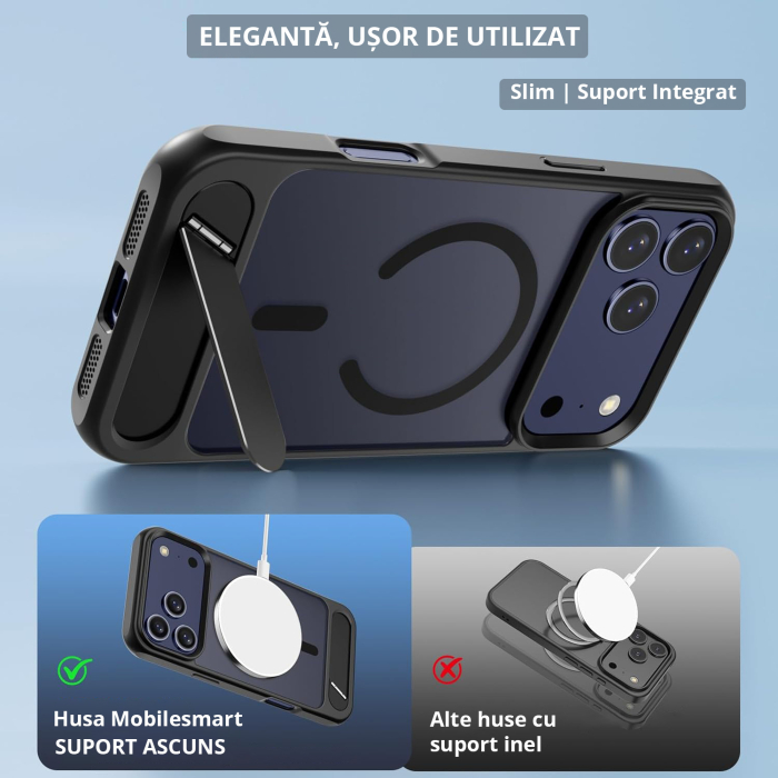 Husă premium pentru iPhone 17 PRO MAX, MobileSmart, MagSafe, suport ascuns și protecție militară antișoc cu margini ridicate, Negru Mat [8]