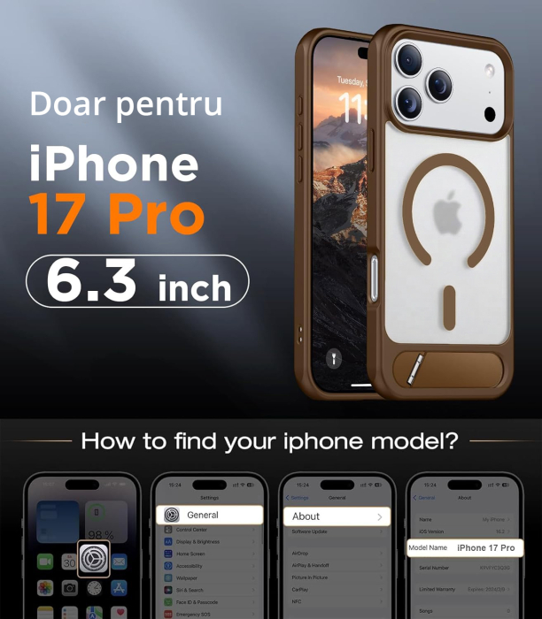 Husă premium pentru iPhone 17 PRO, MobileSmart, MagSafe, suport ascuns și protecție militară antișoc cu margini ridicate, Maro Mocha [2]
